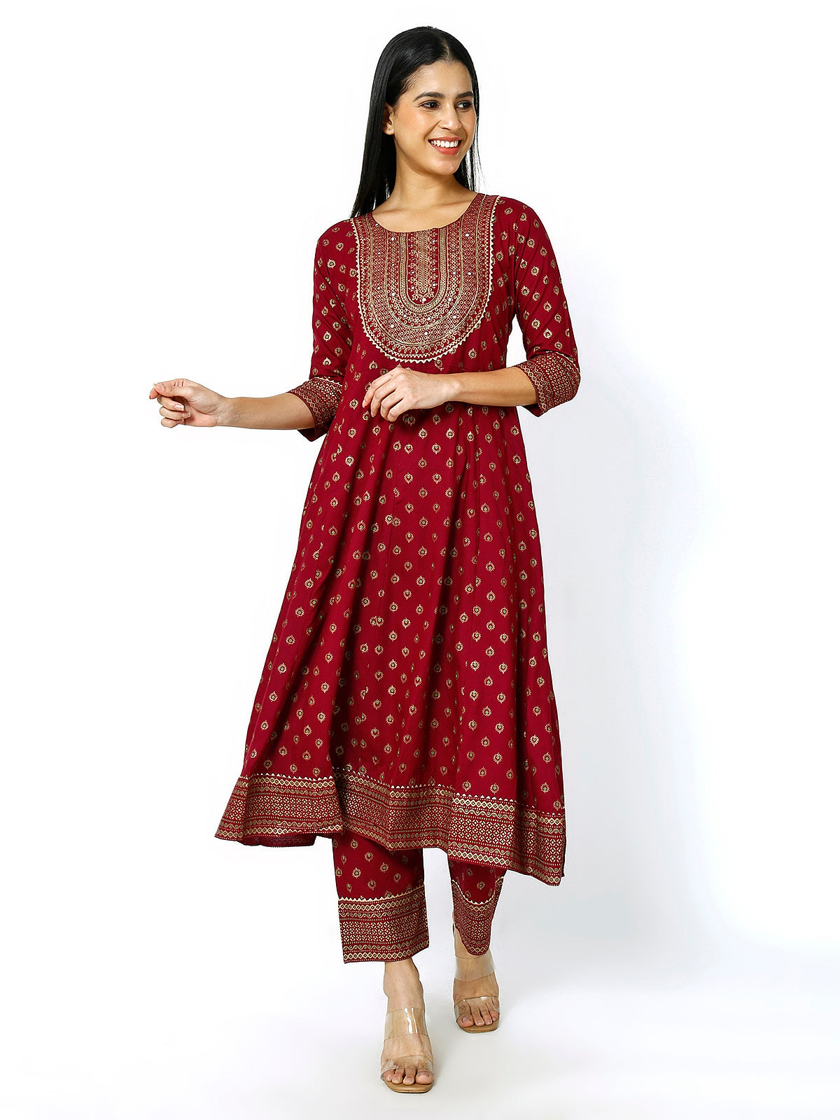 Trendzmy Women Maroon Floral Printed Round Neck Anarkali Kurta With Trousers & Dupatta (Plus Size Available) (Copy)