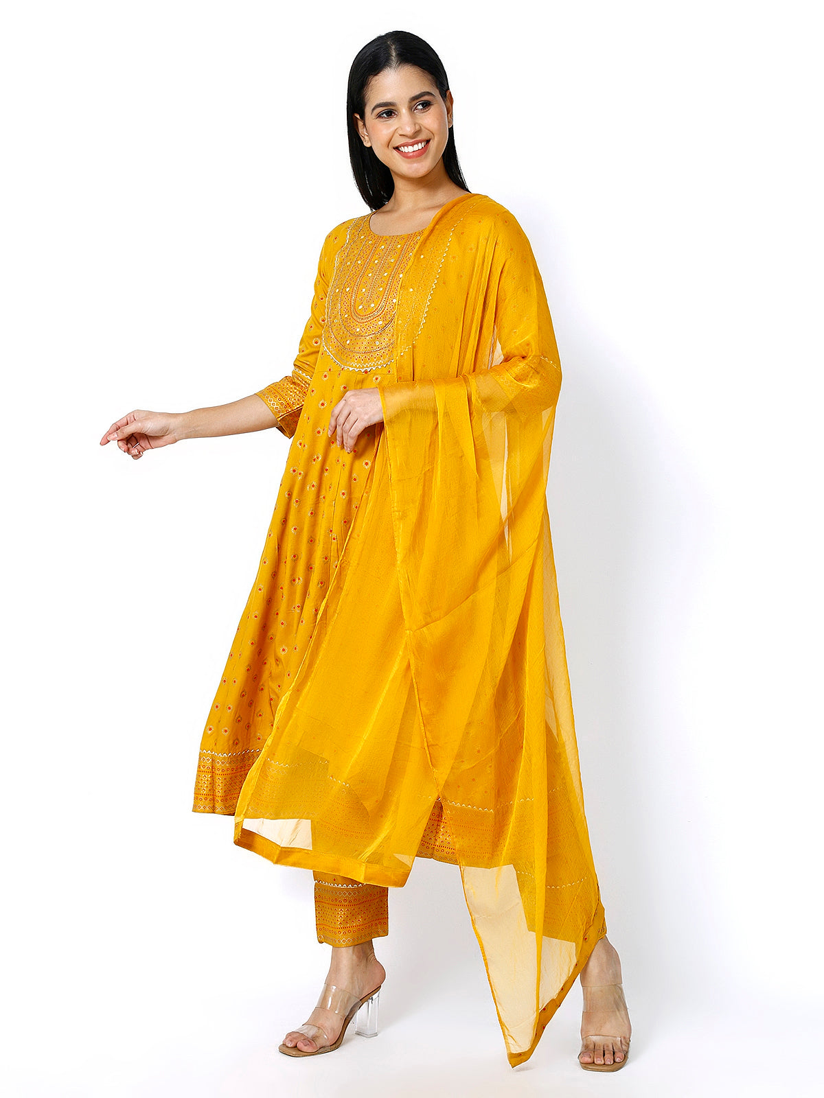 Trendzmy Women Mustard Floral Printed Round Neck Anarkali Kurta With Trousers & Dupatta (Plus Size Available)