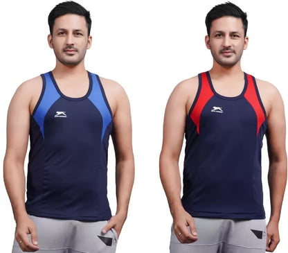 SHIV-NARESH Solid Men Cotton Blue And Red Blend Vest (Pack Of 2)