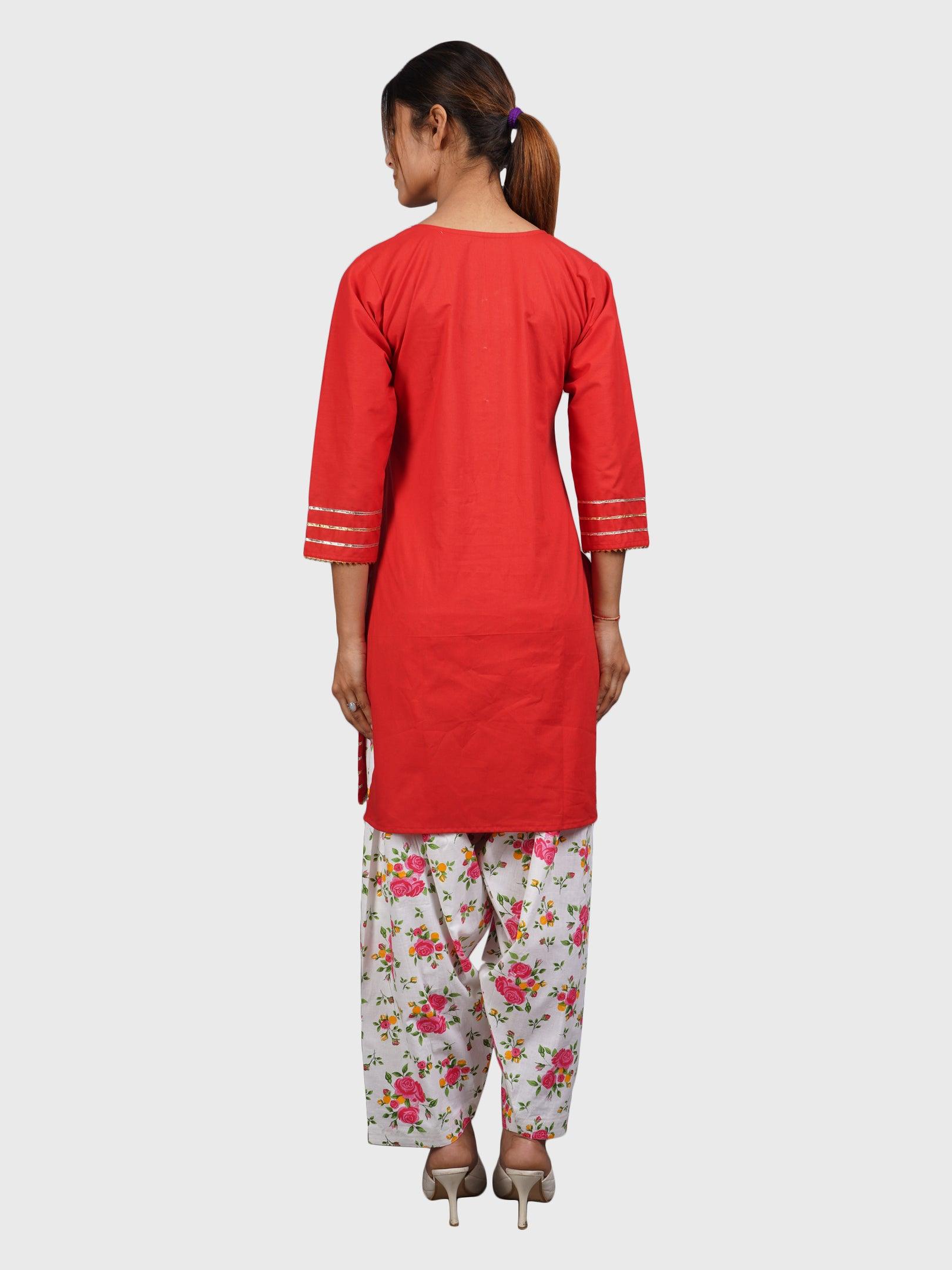 Trendzmy Women Plain Red Kurta with Printed Pink Salwar and Dupatta