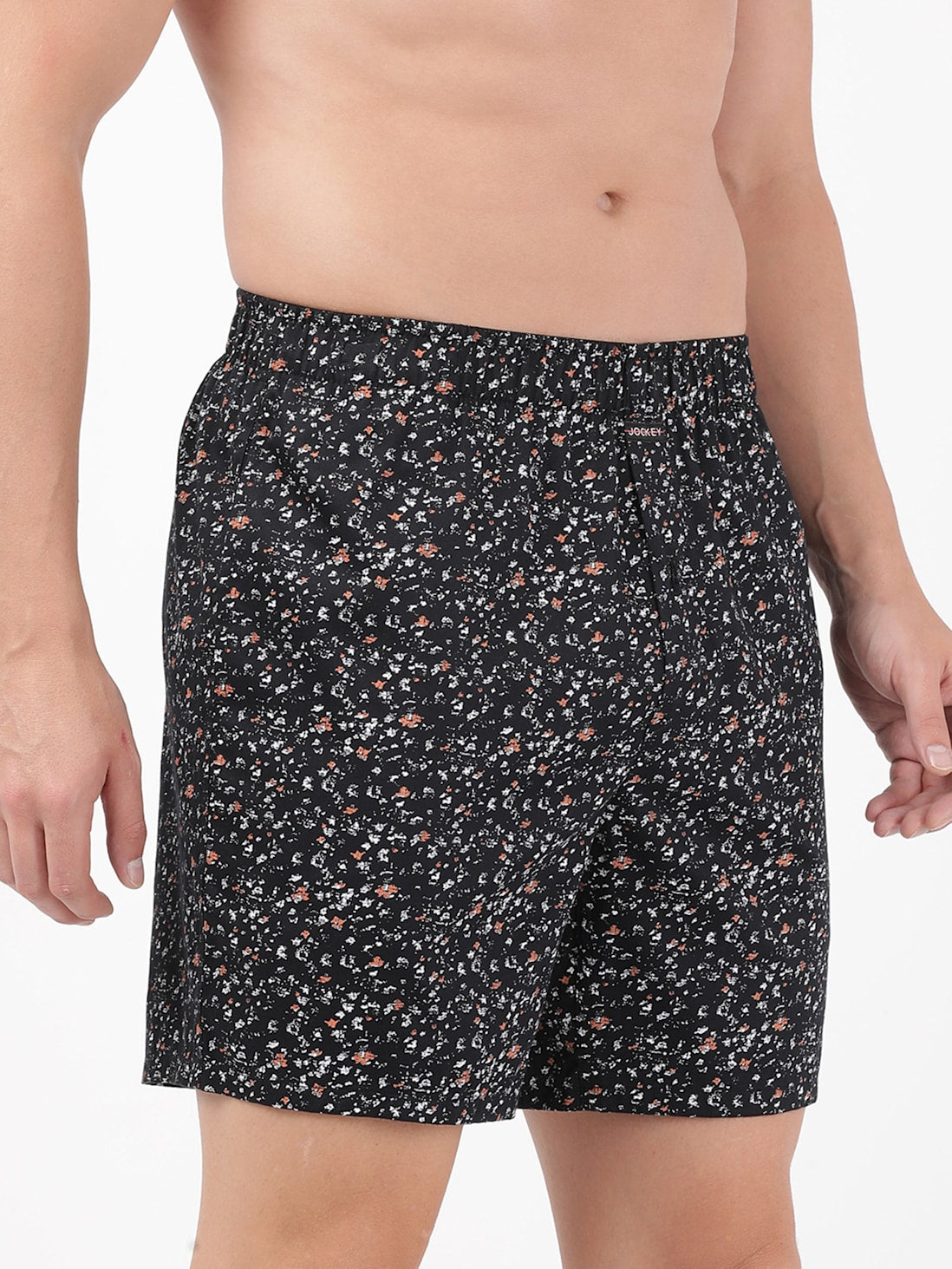 Jockey Men's Super Combed Cotton Satin Weave Printed Boxer Shorts with Side Pocket - Black