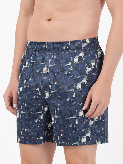 Jockey Men's Super Combed Cotton Satin Weave Printed Boxer Shorts with Side Pocket - Navy