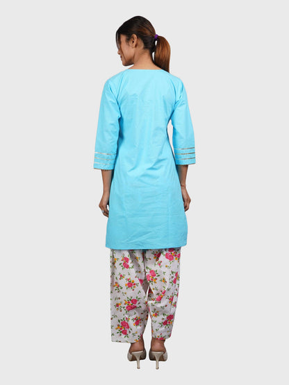 Trendzmy Women Plain Sky Blue Kurta with Printed Pink Salwar and Dupatta