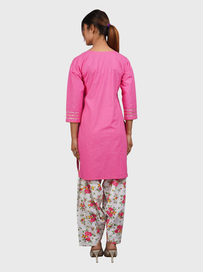 Trendzmy Women Plain Pink Kurta with Printed Salwar and Dupatta