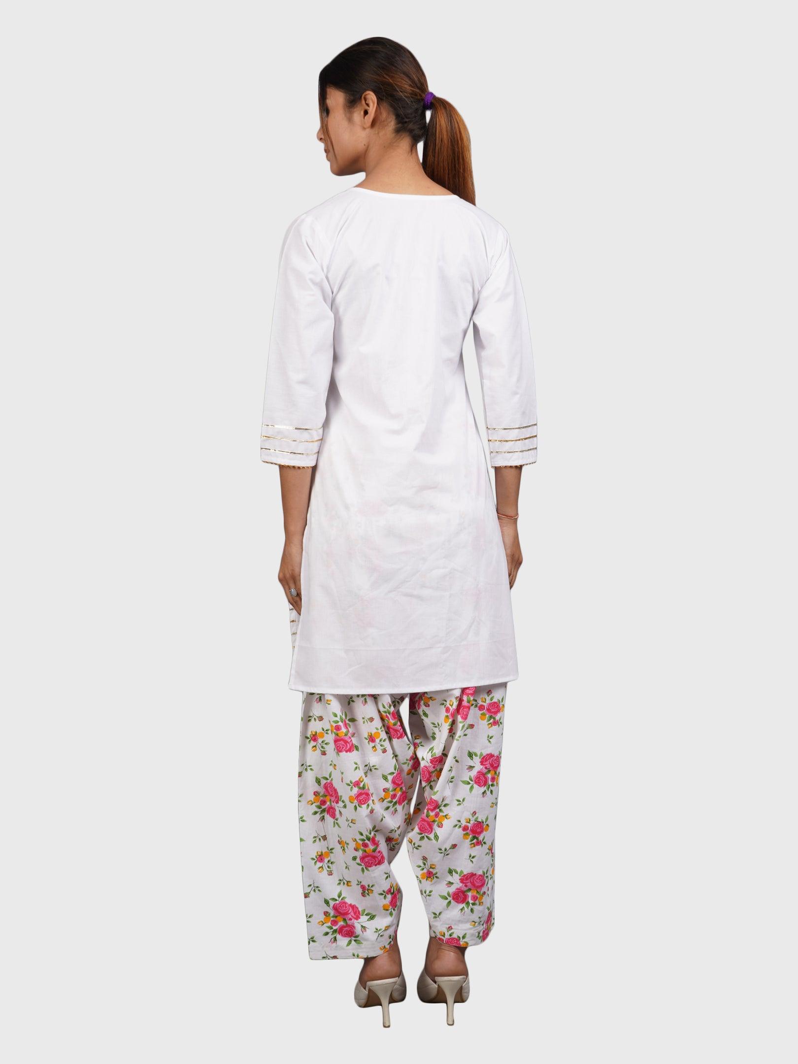 Trendzmy Women Plain White Kurta with Printed Pink Salwar and Dupatta