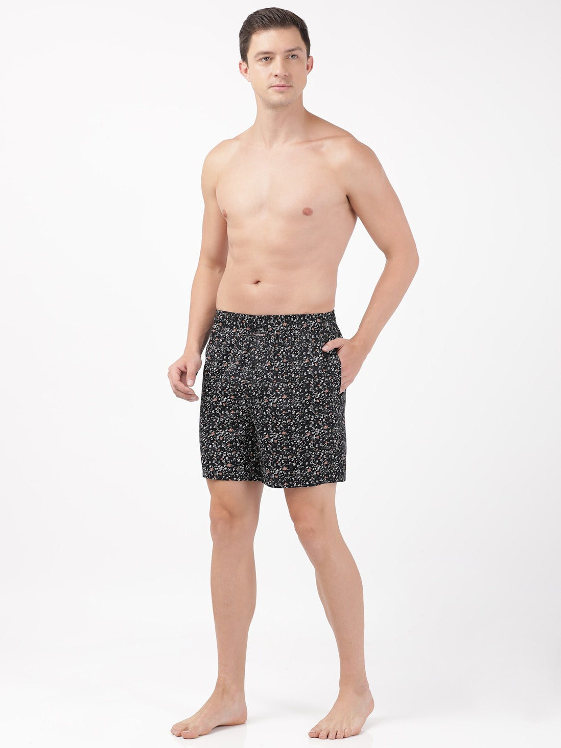 Jockey Men's Super Combed Cotton Satin Weave Printed Boxer Shorts with Side Pocket - Black