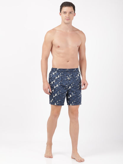 Jockey Men's Super Combed Cotton Satin Weave Printed Boxer Shorts with Side Pocket - Navy