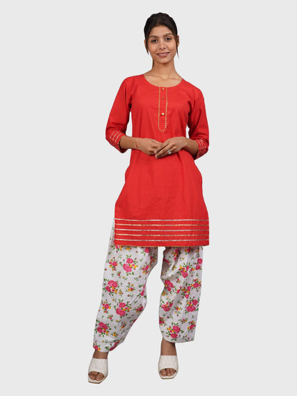 Trendzmy Women Plain Red Kurta with Printed Pink Salwar and Dupatta