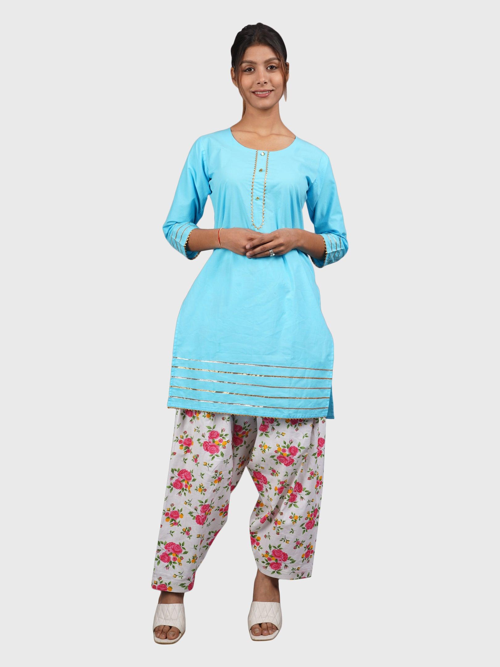 Trendzmy Women Plain Sky Blue Kurta with Printed Pink Salwar and Dupatta