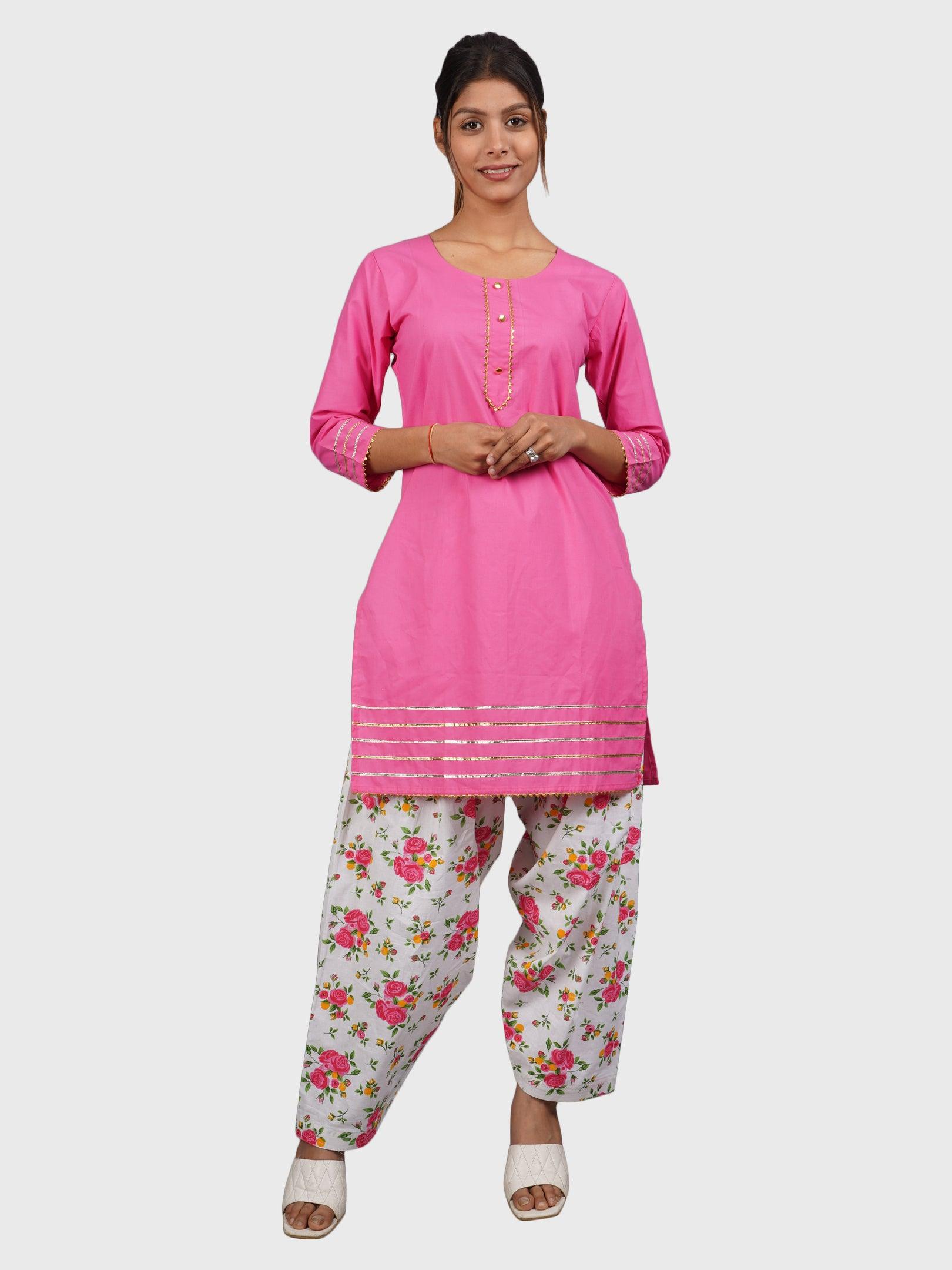 Trendzmy Women Plain Pink Kurta with Printed Salwar and Dupatta