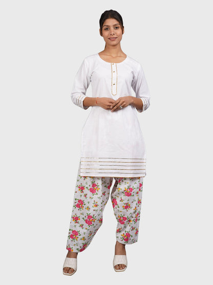 Trendzmy Women Plain White Kurta with Printed Pink Salwar and Dupatta