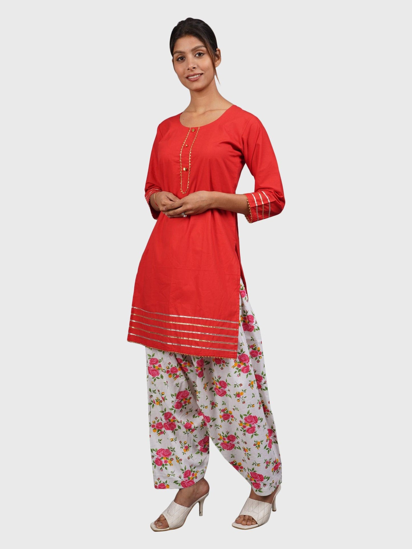 Trendzmy Women Plain Red Kurta with Printed Pink Salwar and Dupatta