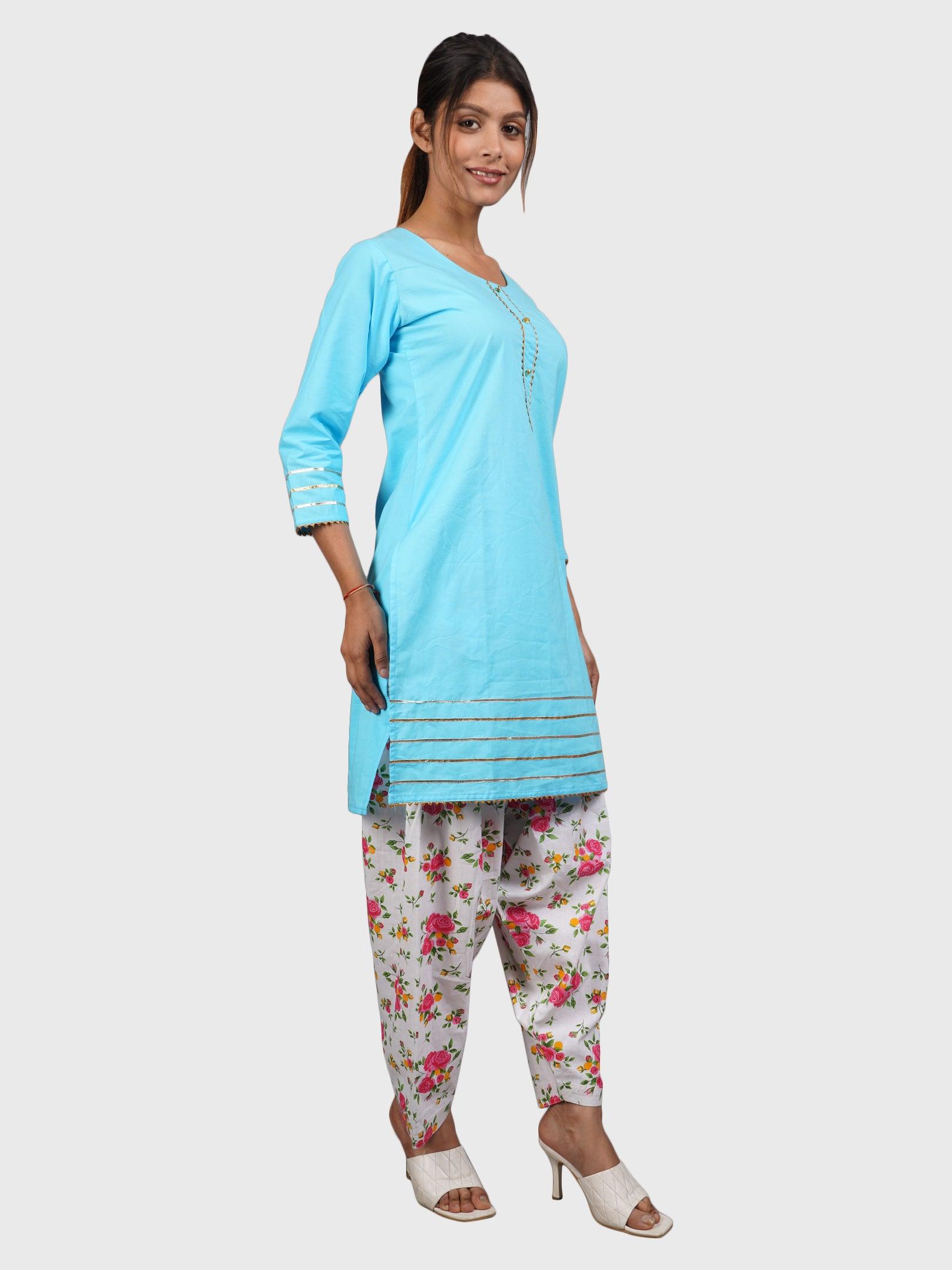 Trendzmy Women Plain Sky Blue Kurta with Printed Pink Salwar and Dupatta