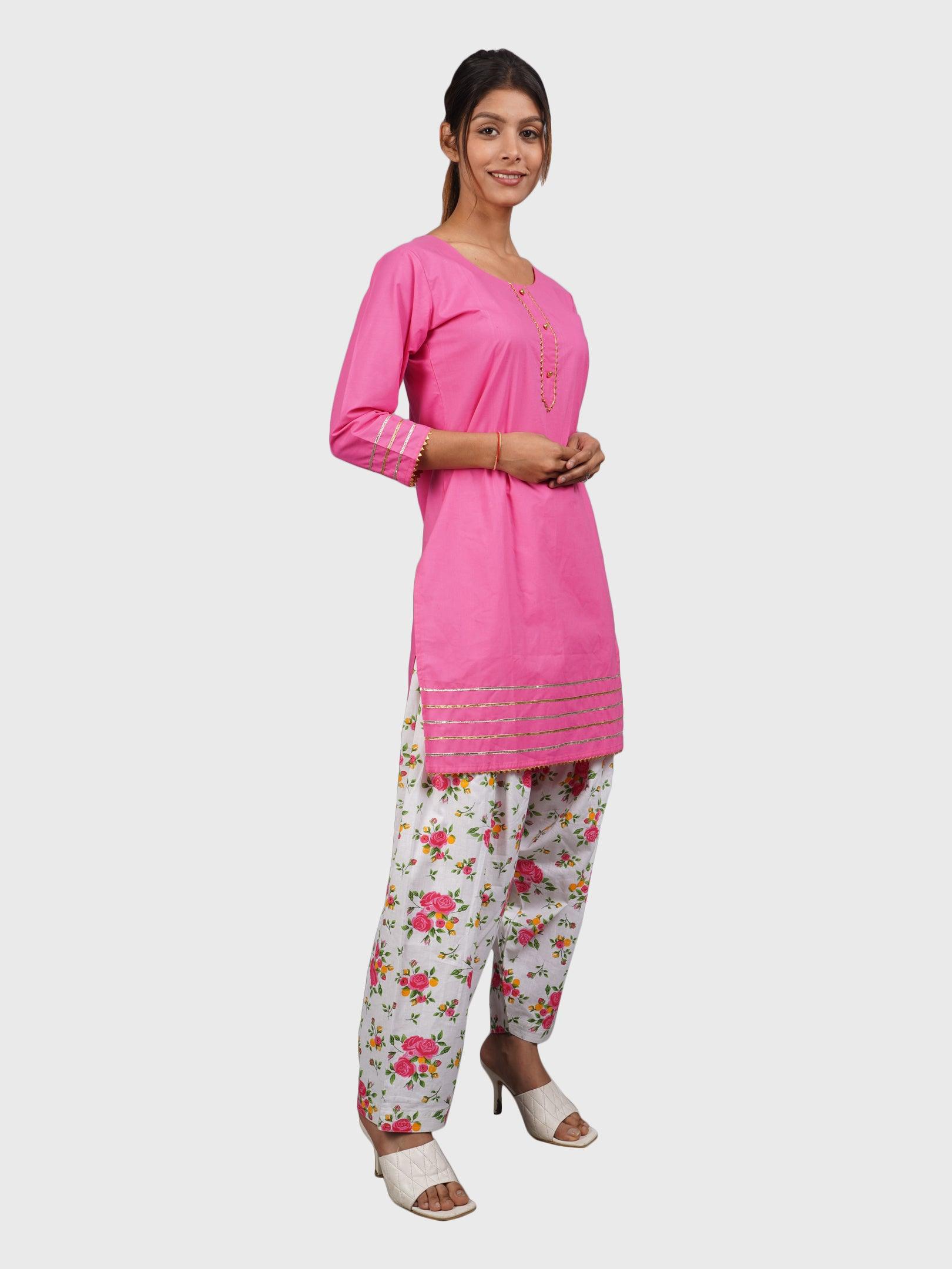 Trendzmy Women Plain Pink Kurta with Printed Salwar and Dupatta