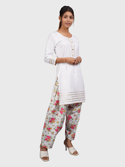 Trendzmy Women Plain White Kurta with Printed Pink Salwar and Dupatta