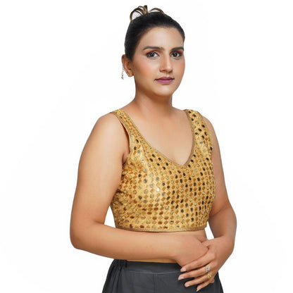 Trendzmy Sweetheart Neck Back Less Mirror Embroidery Golden Women Blouse