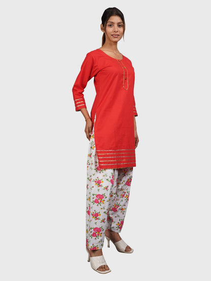 Trendzmy Women Plain Red Kurta with Printed Pink Salwar and Dupatta