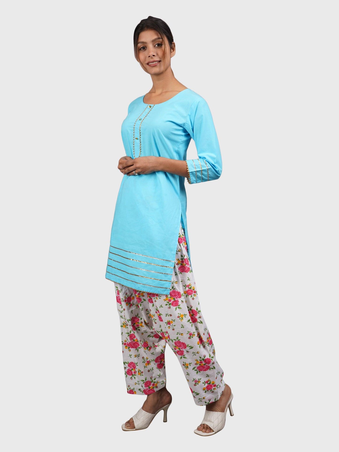 Trendzmy Women Plain Sky Blue Kurta with Printed Pink Salwar and Dupatta