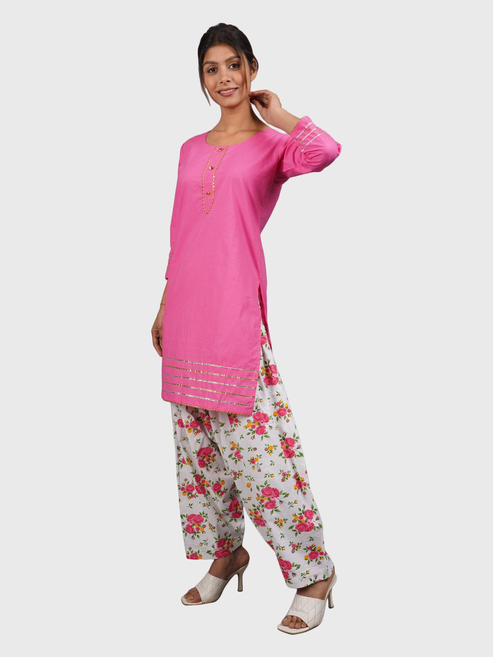 Trendzmy Women Plain Pink Kurta with Printed Salwar and Dupatta