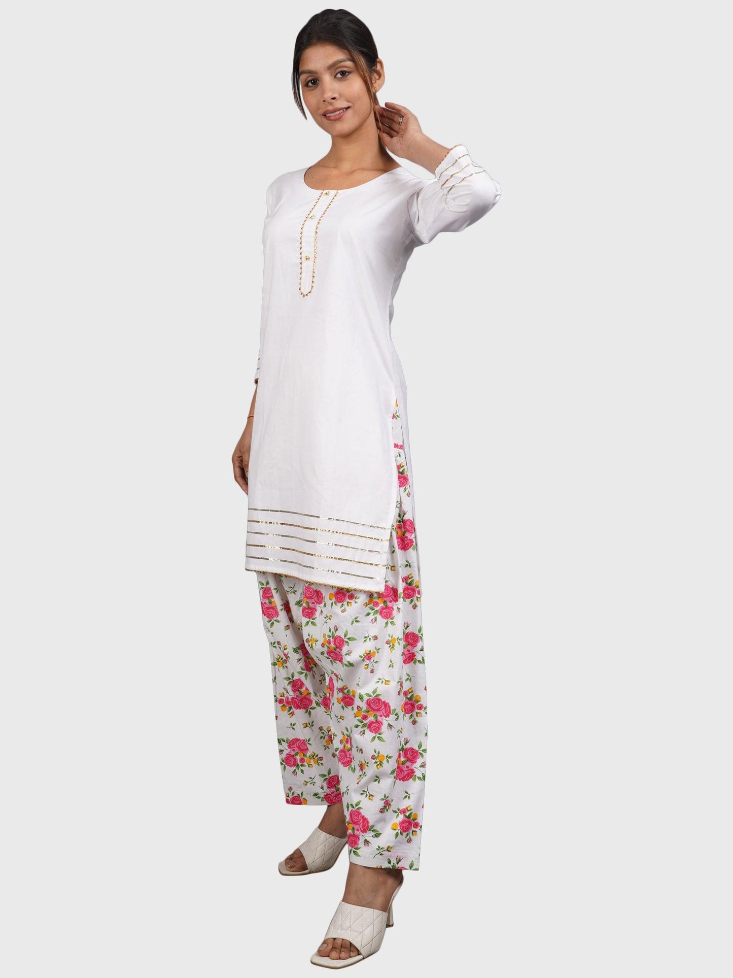 Trendzmy Women Plain White Kurta with Printed Pink Salwar and Dupatta