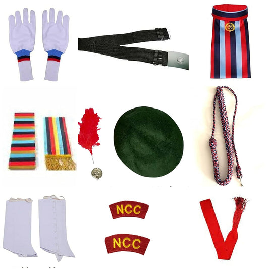 NCC Uniform accessories COMBO (Cap, Badge, Hackle(red), Lanyard, Shoulder Badge (red), Belt with buckle, Neck scarf, Hand Gloves Kamarband, Jhallar, Anklet, Shashes