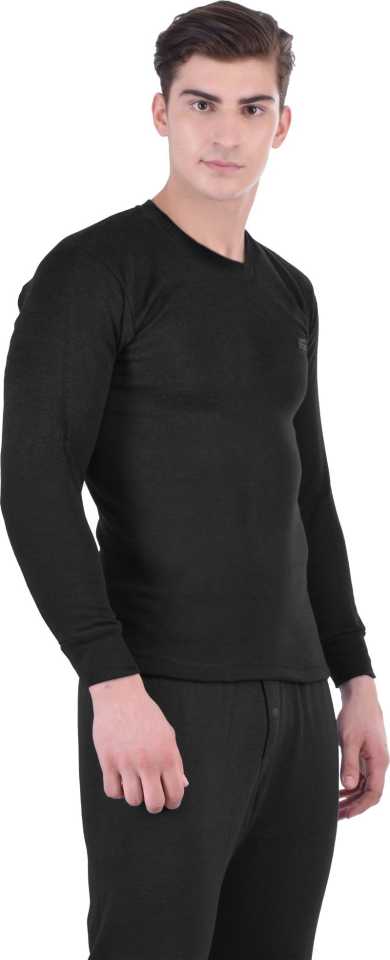 LUX COTT'S WOOL Black Full Sleeves Round Neck Men Top - Pyjama Set Thermal