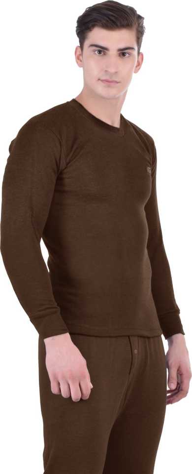 LUX COTT'S WOOL Brown Full Sleeves Round Neck Men Top - Pyjama Set Thermal