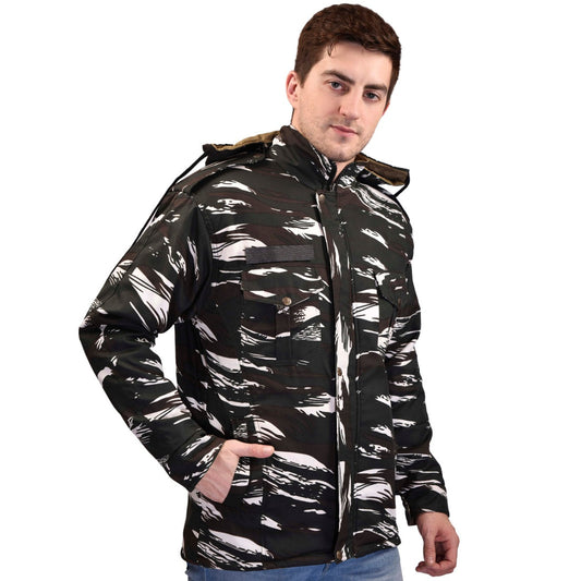 Trendzmy Camouflage Khaki Both Side Quilted Full Sleeves Hooded Neck Army Military Defence XXL