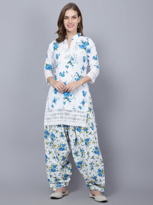 Trendzmy Women Apple Cut Blue Floral Print Pure Cotton Straight Kurta Set XXXL