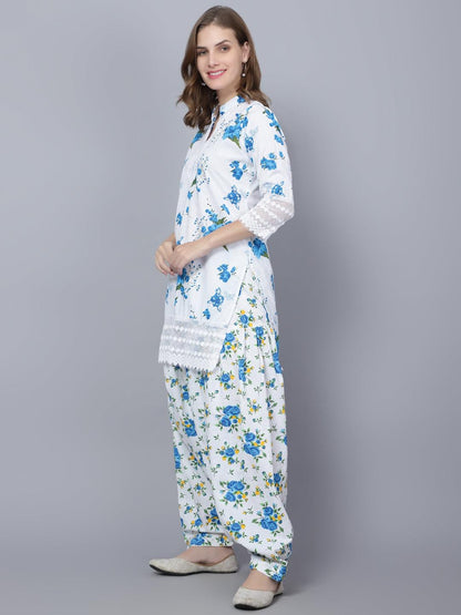 Trendzmy Women Apple Cut Blue Floral Print Pure Cotton Straight Kurta Set