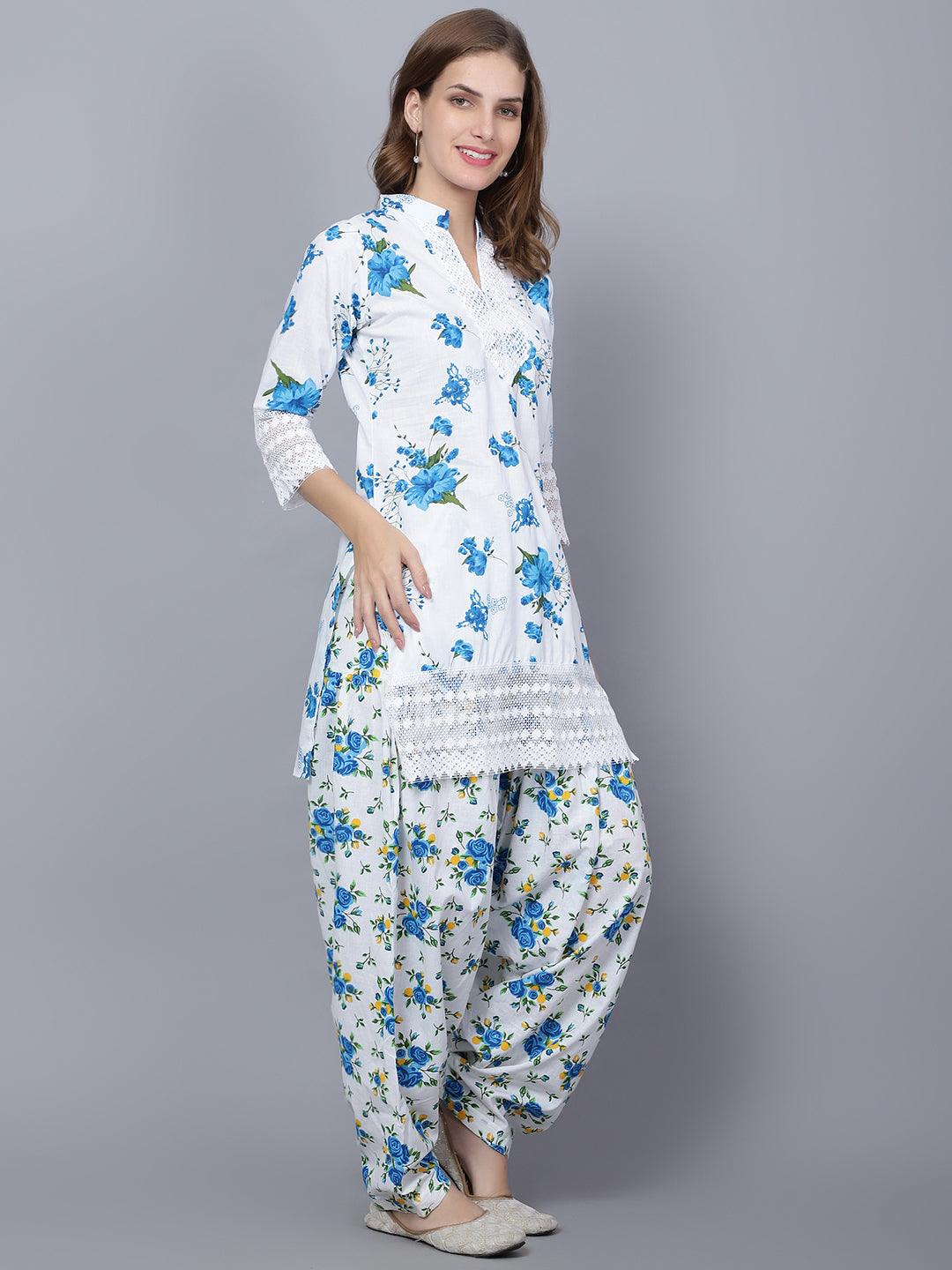 Trendzmy Women Apple Cut Blue Floral Print Pure Cotton Straight Kurta Set