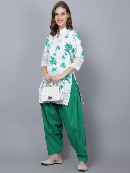 Trendzmy Pack of 2 Set Women Floral Print Cotton Blend Straight Kurta (Green, White)