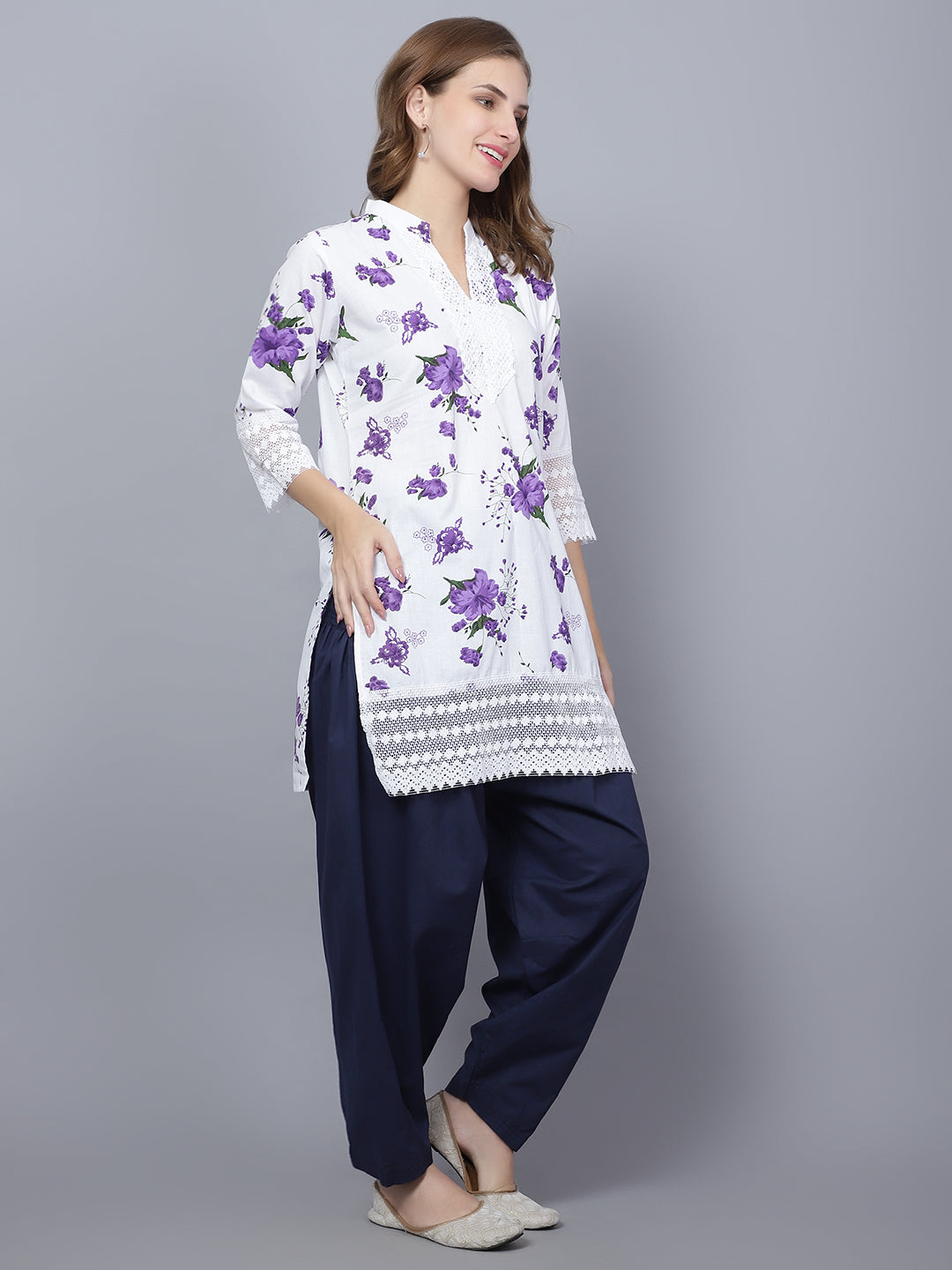 Trendzmy Pack of 2 Women Floral Print Cotton Blend Straight Kurta  (Purple, Blue)