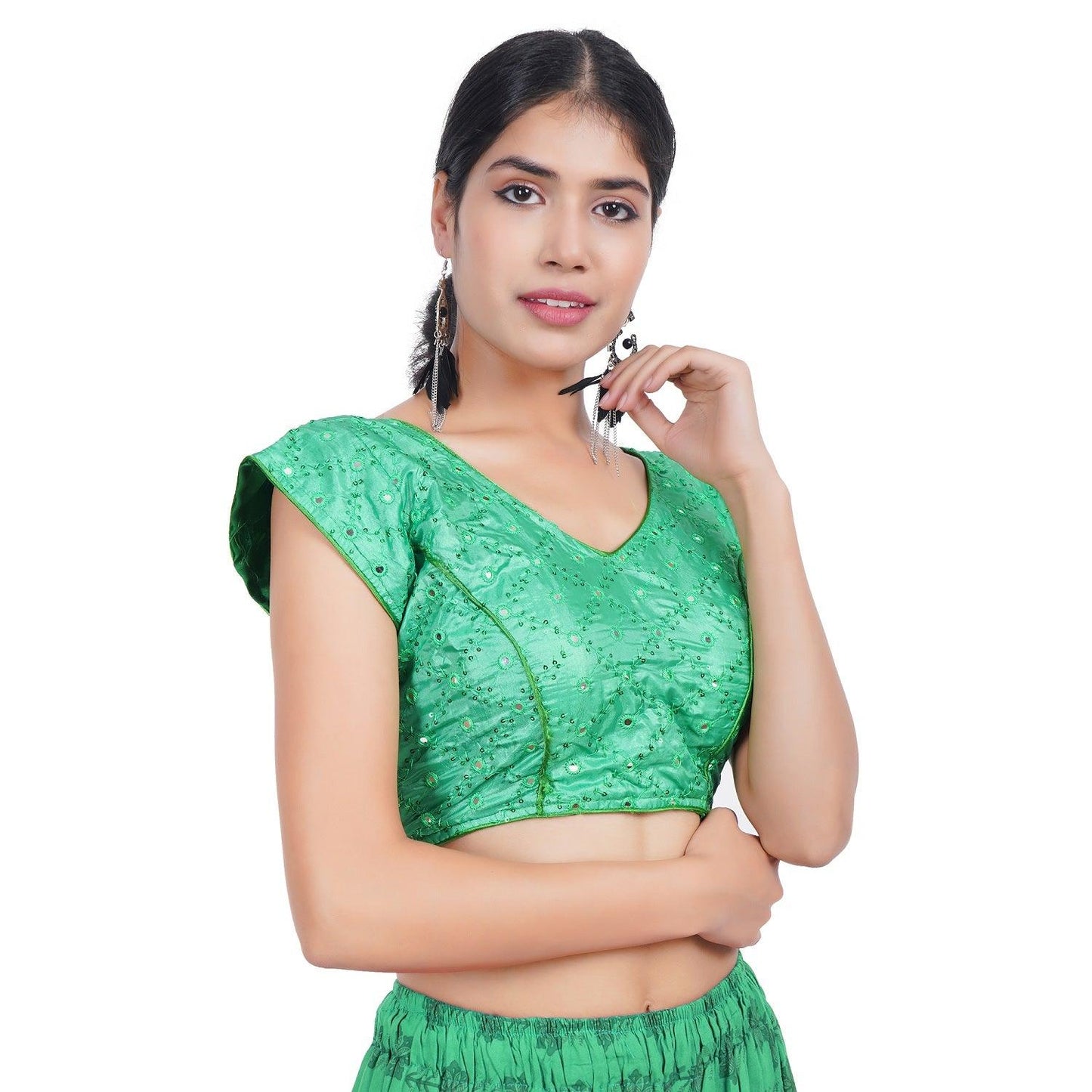 Trendzmy V Neck Mirror Embroidery Green Women Blouse