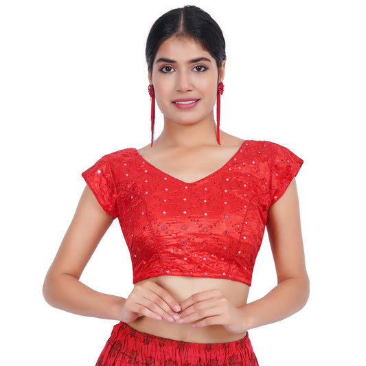 Trendzmy V Neck Mirror Embroidery Red Women Blouse