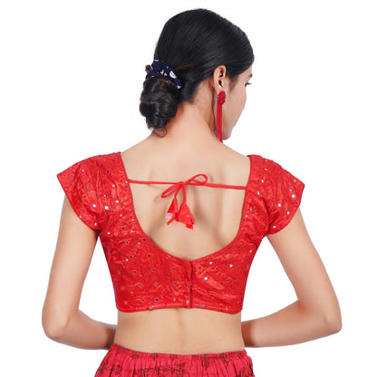 Trendzmy V Neck Mirror Embroidery Red Women Blouse