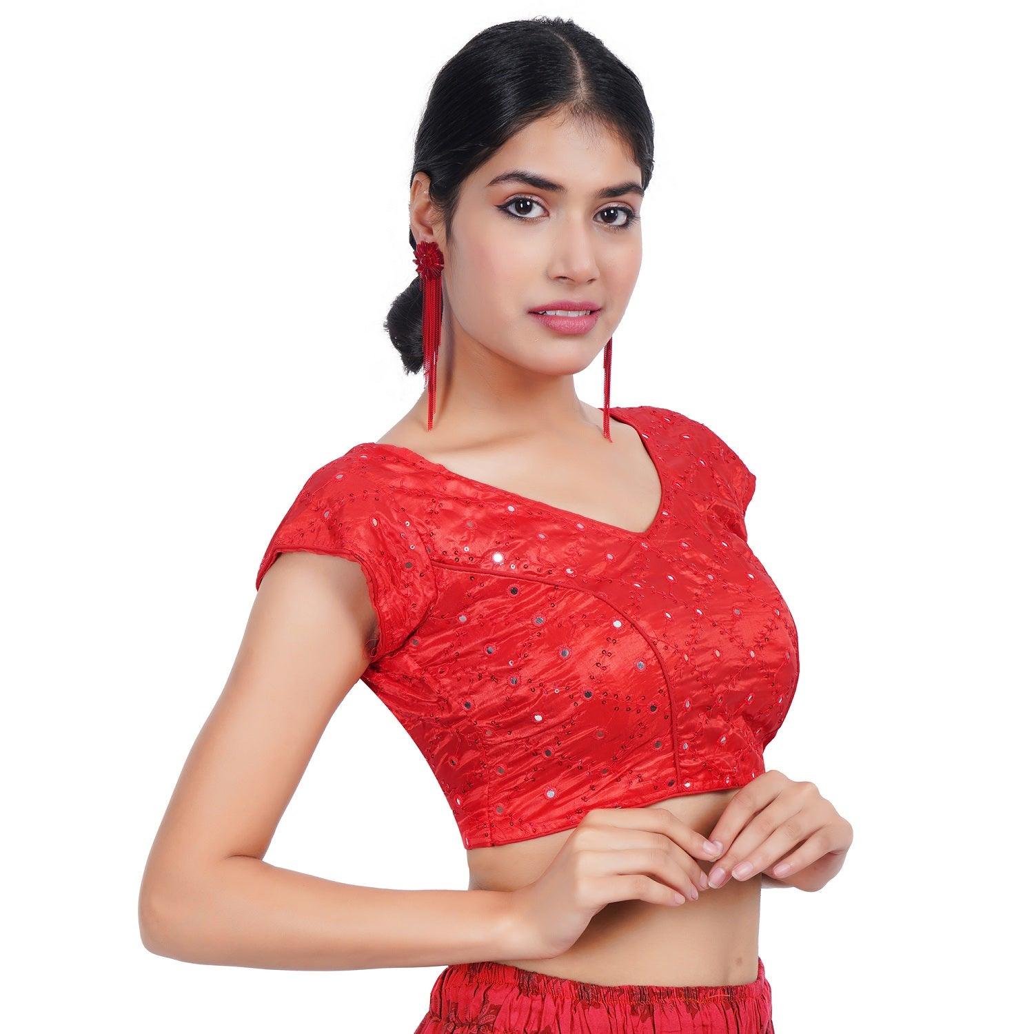 Trendzmy V Neck Mirror Embroidery Red Women Blouse