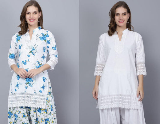 Trendzmy Pack of 2 Set Women Floral Print Cotton Blend Straight Kurta (Blue, White) XXXL