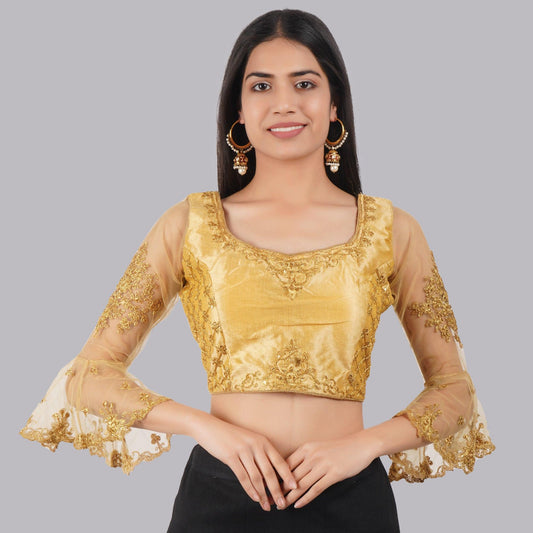 Trendzmy Round Neck Embroidered Golden Women Blouse Default Title