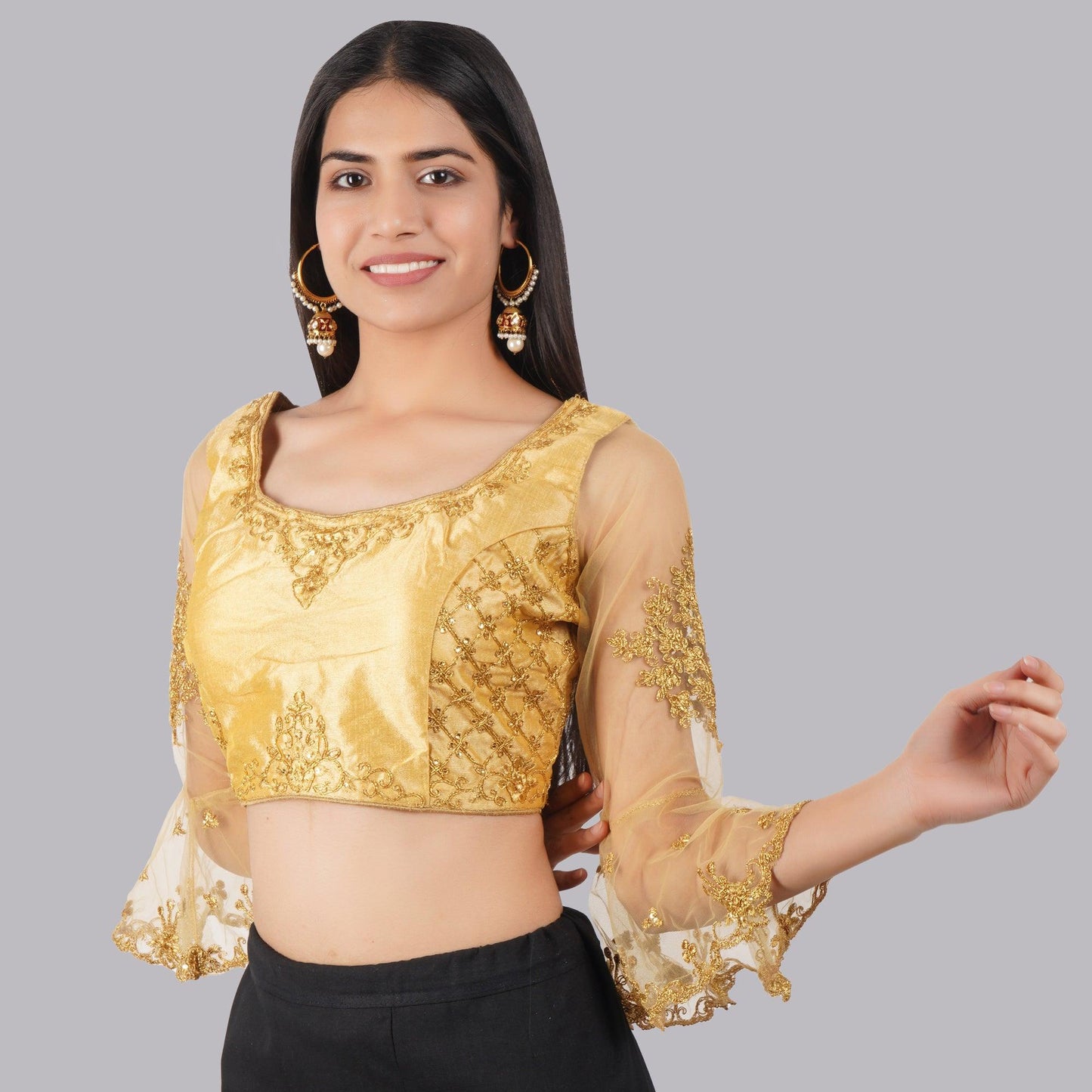 Trendzmy Round Neck Embroidered Golden Women Blouse