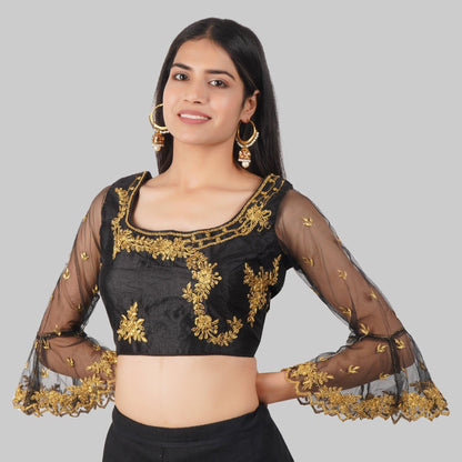 Trendzmy Round Neck Embroidered Black Women Blouse