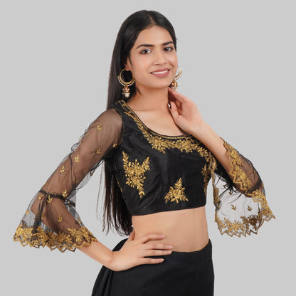 Trendzmy Round Neck Embroidered Black Women Blouse