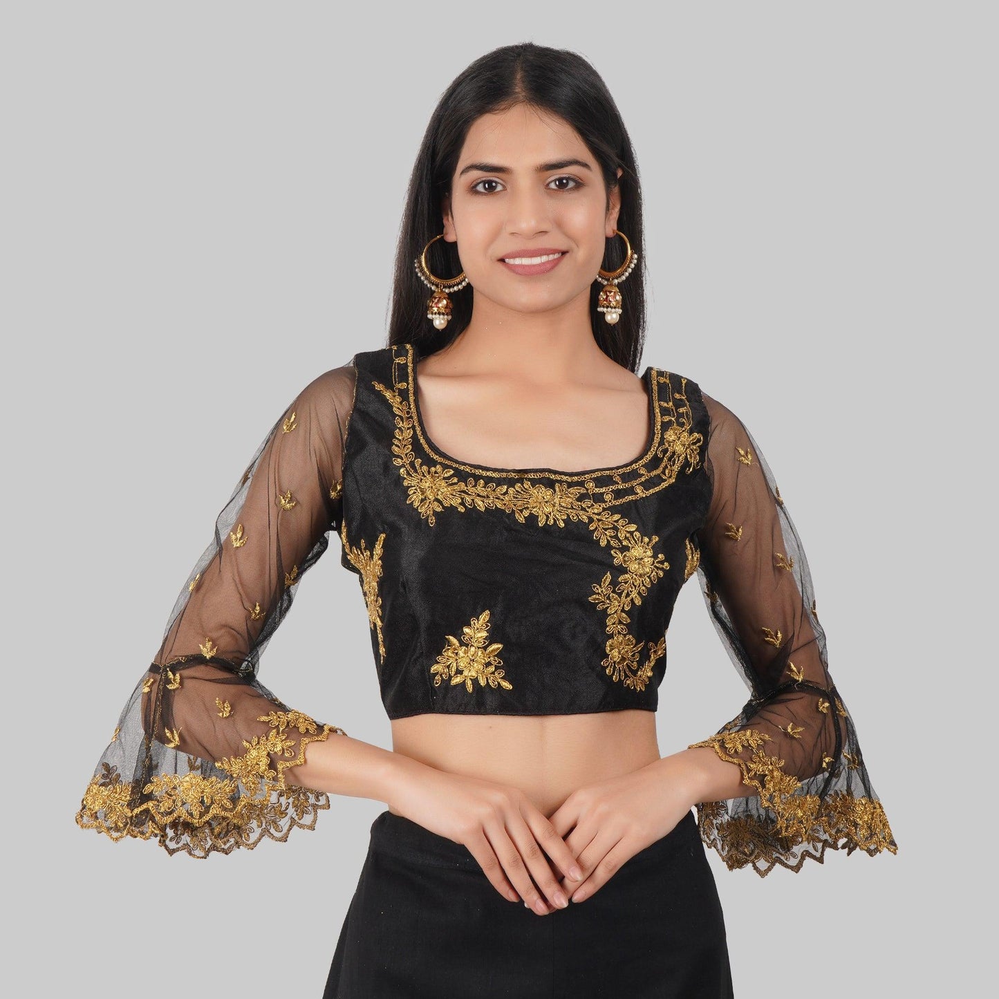 Trendzmy Round Neck Embroidered Black Women Blouse