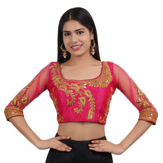 Trendzmy Round Neck Embroidered Rani Pink Women Blouse Default Title