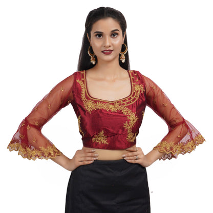 Trendzmy Round Neck Embroidered Maroon Women Blouse Default Title