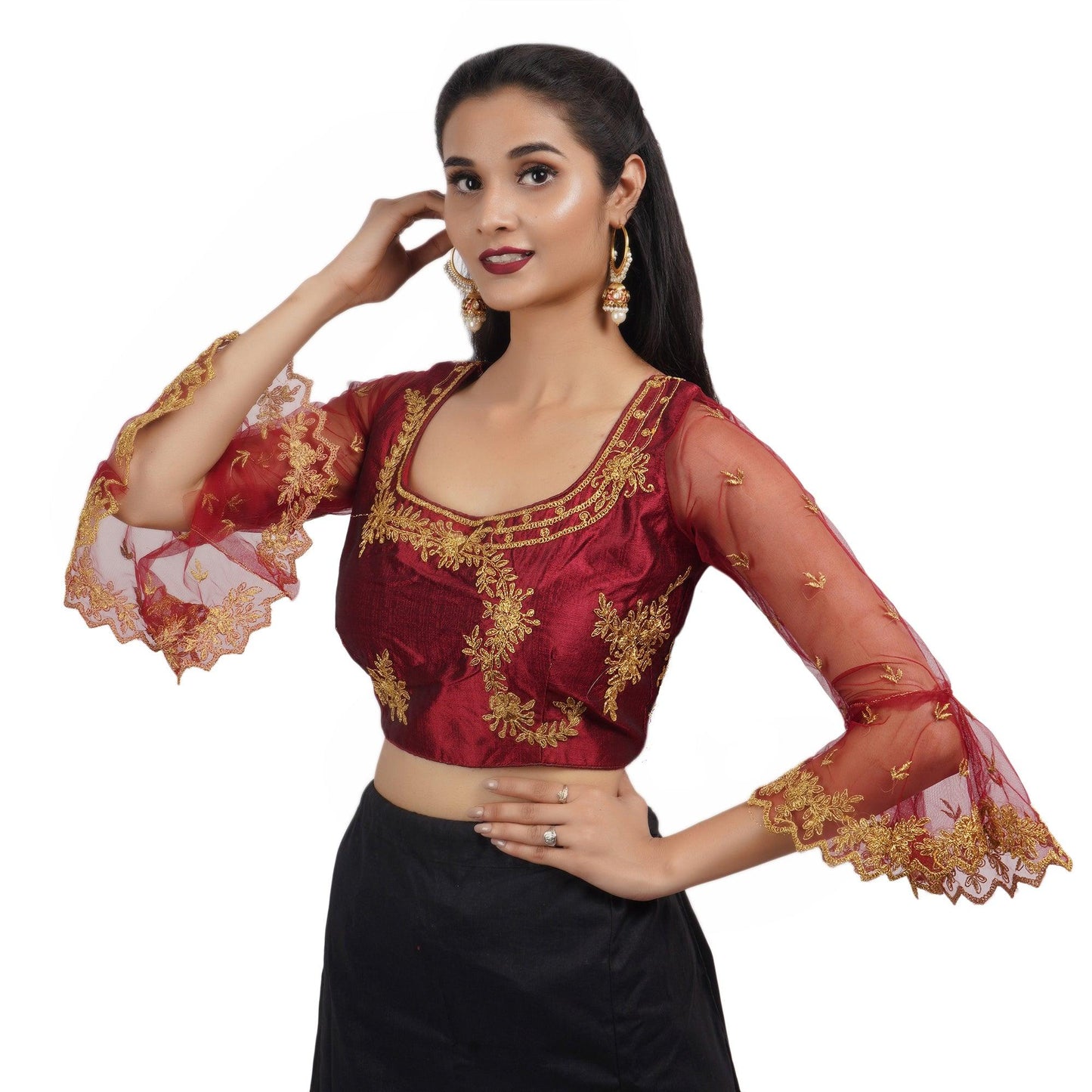 Trendzmy Round Neck Embroidered Maroon Women Blouse