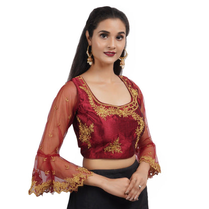 Trendzmy Round Neck Embroidered Maroon Women Blouse