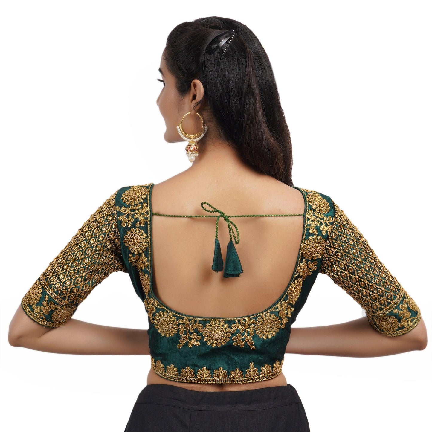 Trendzmy Round Neck Embroidered Dark Green Women Blouse