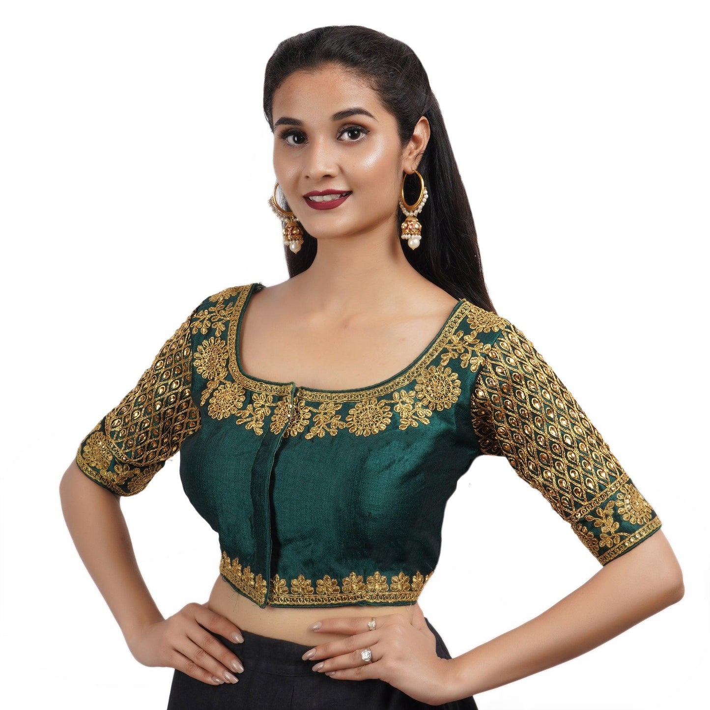 Trendzmy Round Neck Embroidered Dark Green Women Blouse