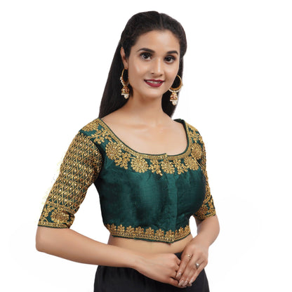 Trendzmy Round Neck Embroidered Dark Green Women Blouse